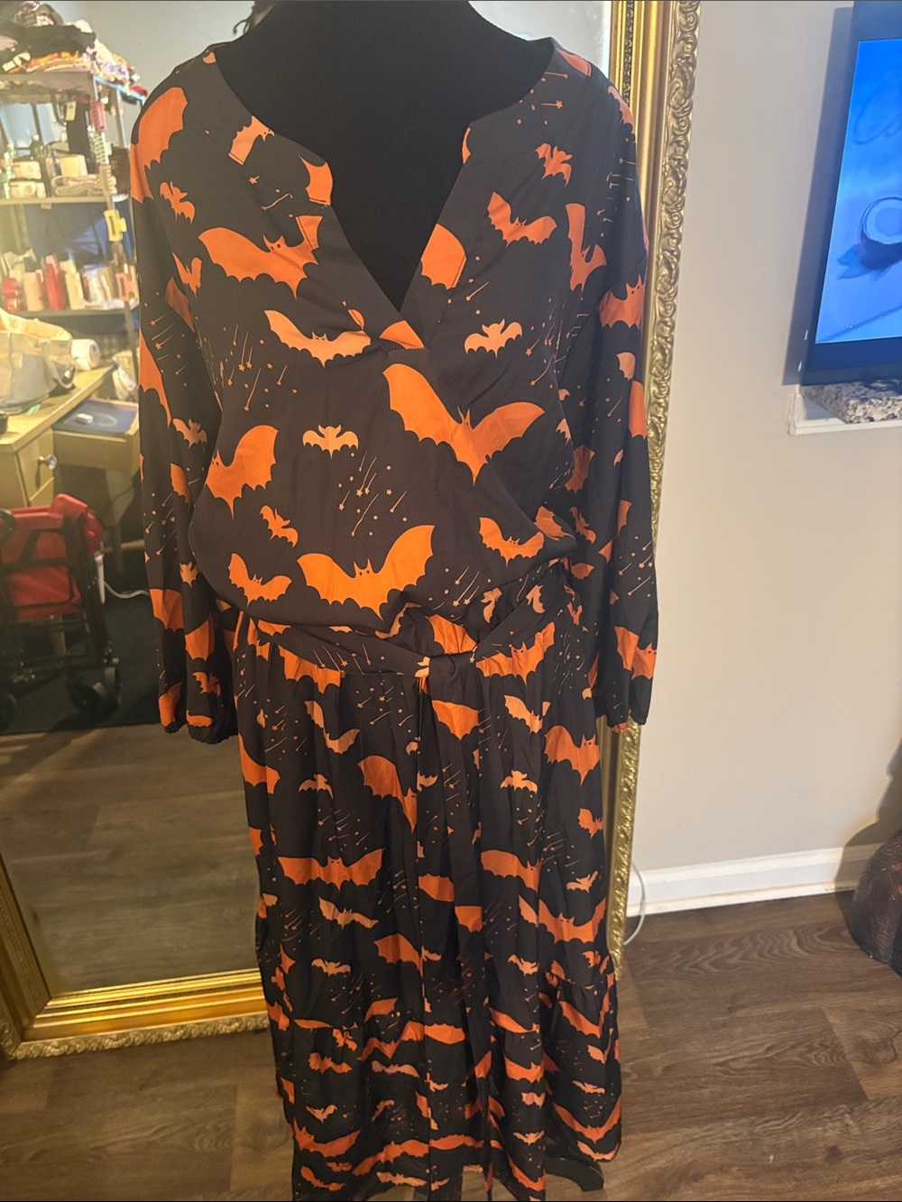 BloomChic Black Long-Sleeve Wrap Maxi Dress with Orange Bat Print